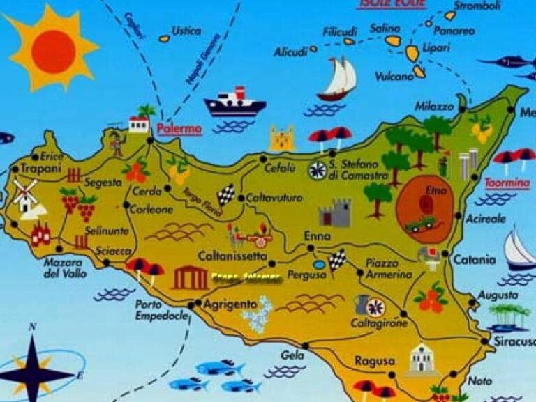 Colorful cartoon map of Bali showing landmarks and activities.