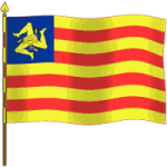 Flag with yellow and red stripes and a blue square with a triskelion symbol.