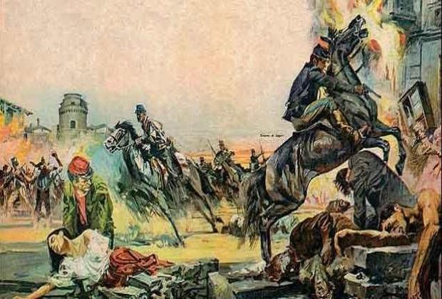 A dramatic painting of a cavalry charge during battle.