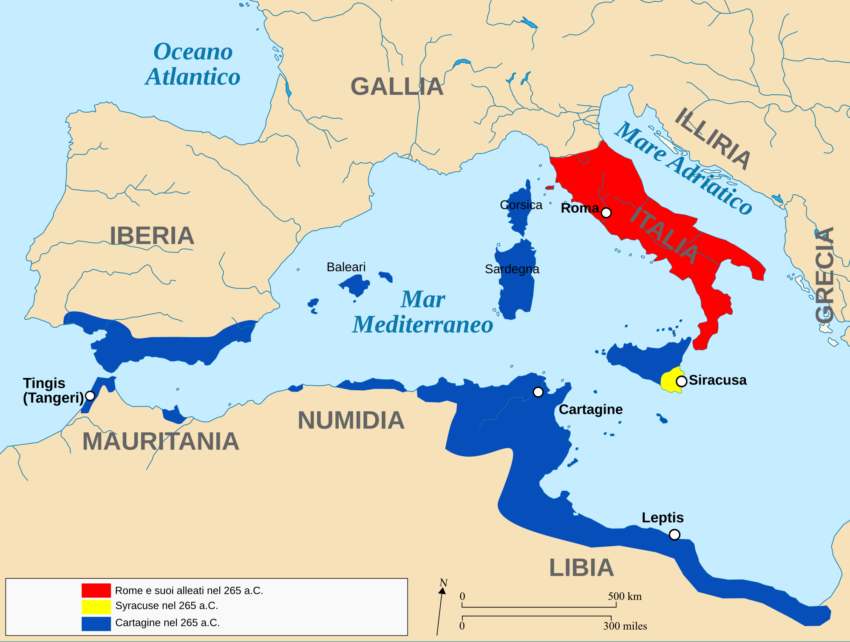 Map showing Roman Empire at its peak and Italy in red.