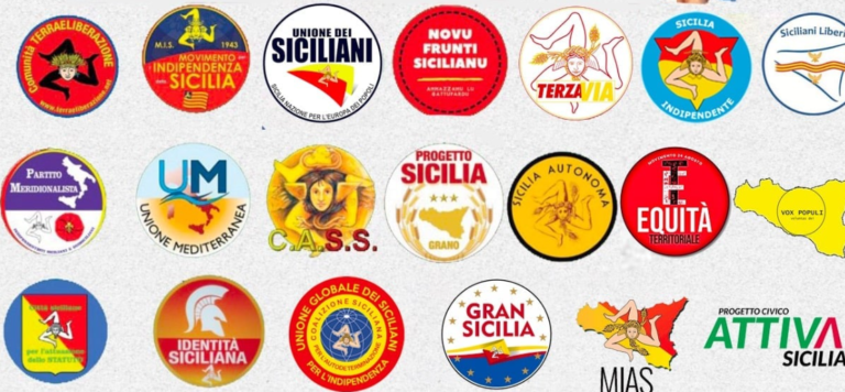 A collage of colorful Sicilian logos and badges.